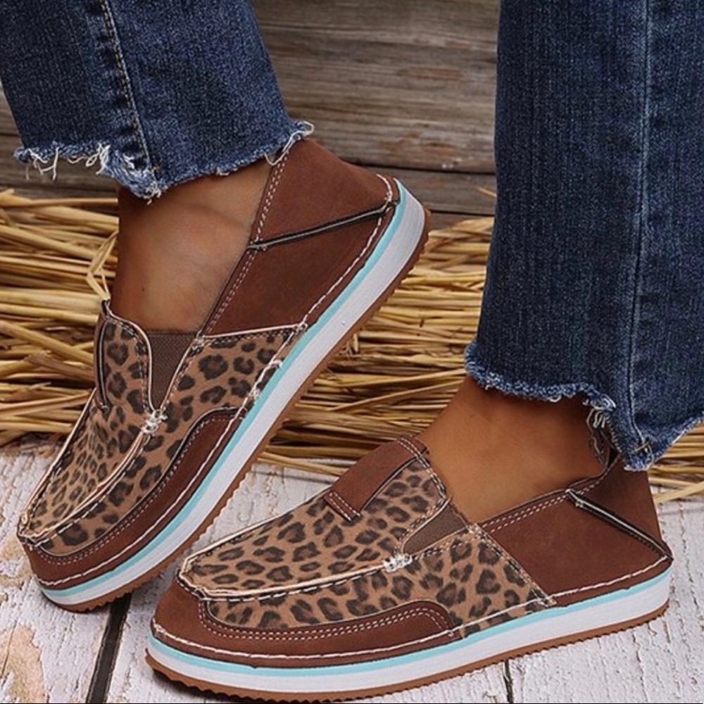 Brown & Leopard Patchwork Slip-on Boat Shoe Loafer
